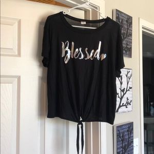 Black tie at waist, iridescent Blessed  top.